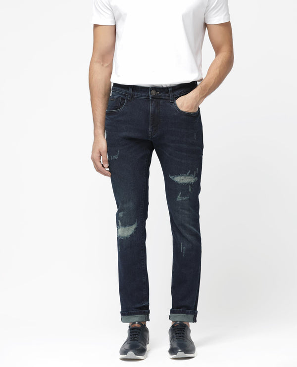 Rare Rabbit Men's Erie Dusky Blue Slim Fit Mid Rise Mid Wash With Mild Whisker Distress Jeans