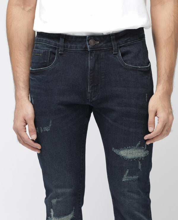 Rare Rabbit Men's Erie Dusky Blue Slim Fit Mid Rise Mid Wash With Mild Whisker Distress Jeans