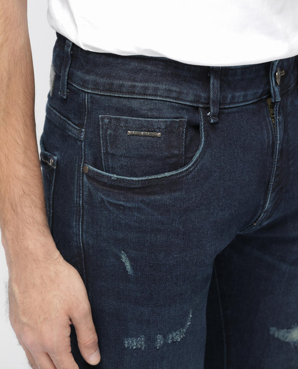 Rare Rabbit Men's Erie Dusky Blue Slim Fit Mid Rise Mid Wash With Mild Whisker Distress Jeans
