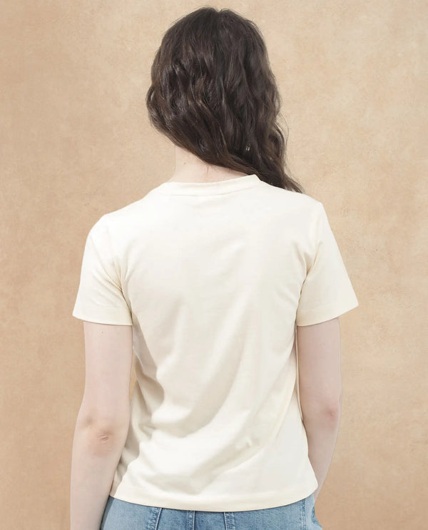 Rareism Women Erin Light Beige Cotton Poly Fabric Short Sleeve Crew Neck Solid T-Shirt