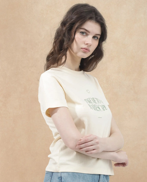 Rareism Women Erin Light Beige Cotton Poly Fabric Short Sleeve Crew Neck Solid T-Shirt