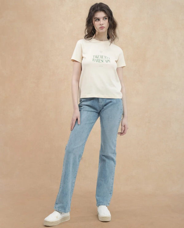 Rareism Women Erin Light Beige Cotton Poly Fabric Short Sleeve Crew Neck Solid T-Shirt