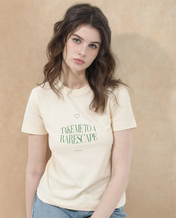 Rareism Women Erin Light Beige Cotton Poly Fabric Short Sleeve Crew Neck Solid T-Shirt