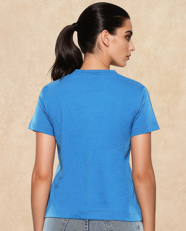 Rareism Women Erin Blue Cotton Poly Fabric Short Sleeve Crew Neck Solid T-Shirt