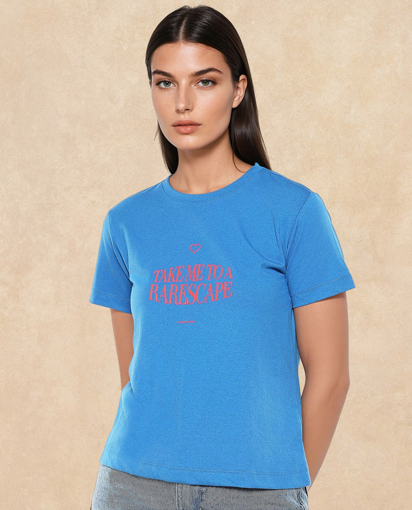 Rareism Women Erin Blue Cotton Poly Fabric Short Sleeve Crew Neck Solid T-Shirt