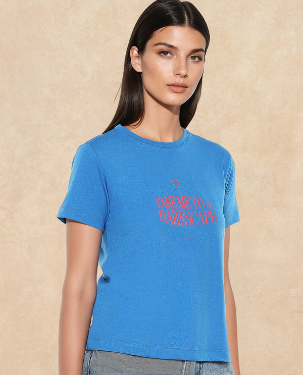 Rareism Women Erin Blue Cotton Poly Fabric Short Sleeve Crew Neck Solid T-Shirt