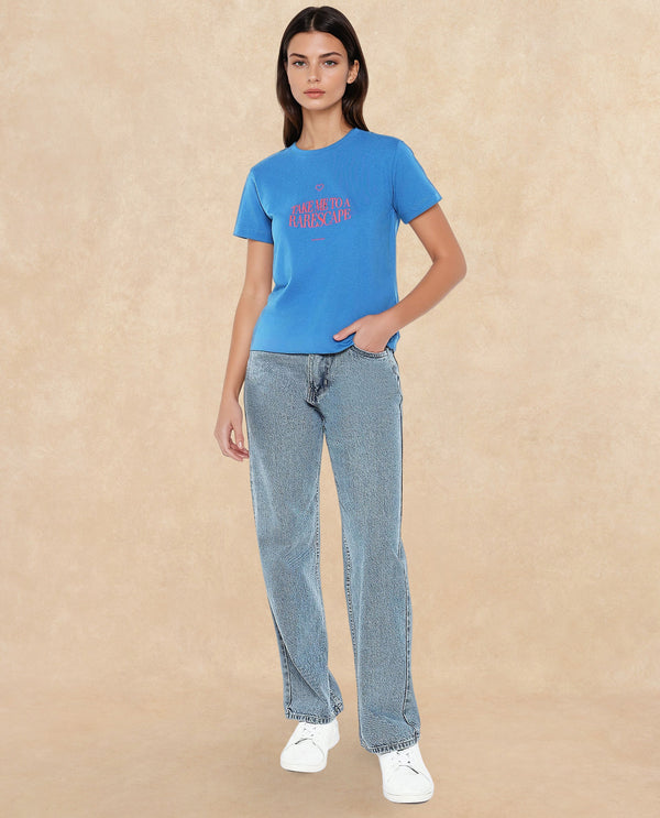 Rareism Women Erin Blue Cotton Poly Fabric Short Sleeve Crew Neck Solid T-Shirt