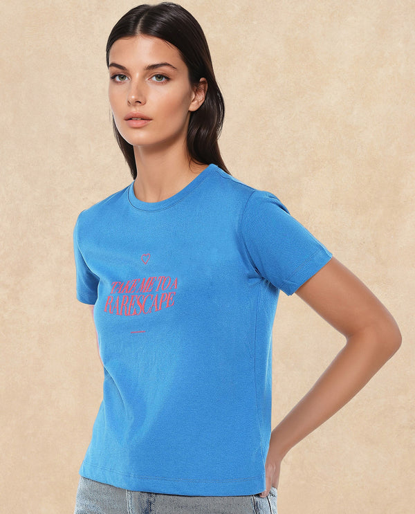 Rareism Women Erin Blue Cotton Poly Fabric Short Sleeve Crew Neck Solid T-Shirt