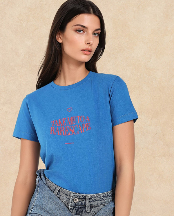 Rareism Women Erin Blue Cotton Poly Fabric Short Sleeve Crew Neck Solid T-Shirt