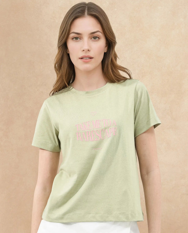 Rareism Women Erin Light Green Cotton Poly Fabric Short Sleeve Crew Neck Solid T-Shirt