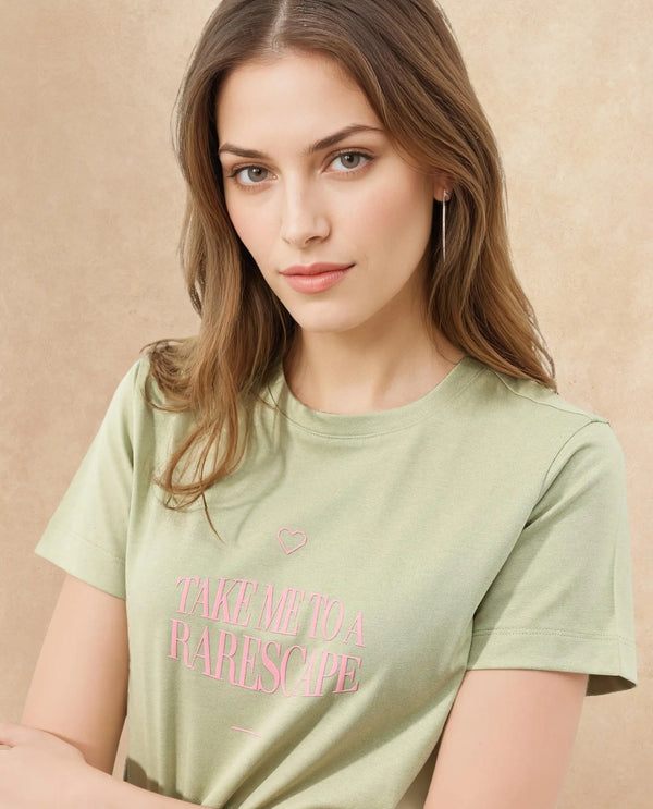 Rareism Women Erin Light Green Cotton Poly Fabric Short Sleeve Crew Neck Solid T-Shirt