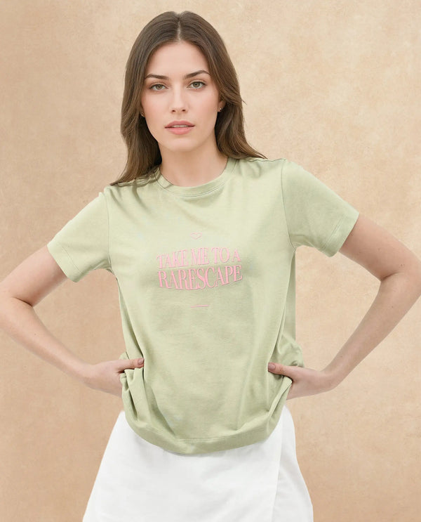 Rareism Women Erin Light Green Cotton Poly Fabric Short Sleeve Crew Neck Solid T-Shirt