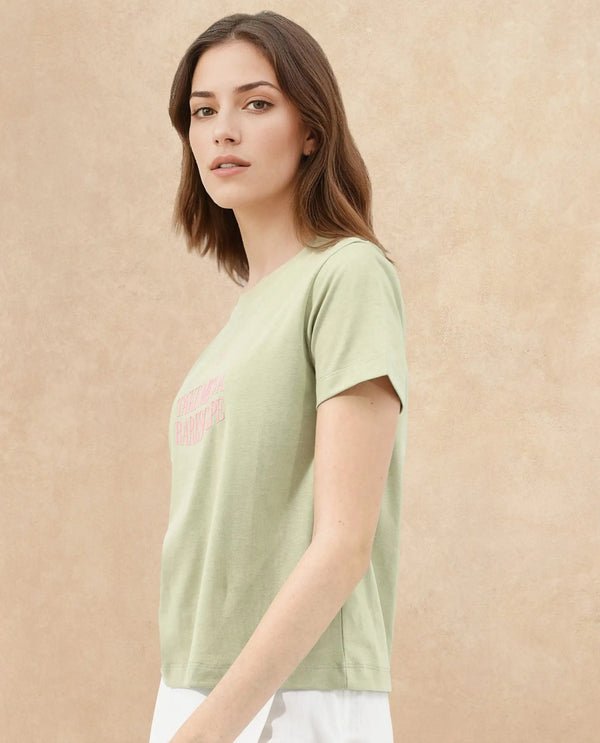 Rareism Women Erin Light Green Cotton Poly Fabric Short Sleeve Crew Neck Solid T-Shirt