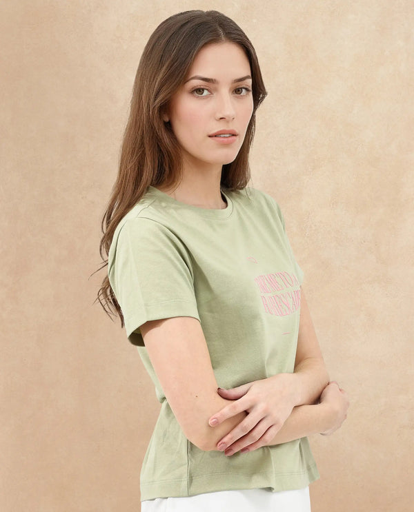 Rareism Women Erin Light Green Cotton Poly Fabric Short Sleeve Crew Neck Solid T-Shirt
