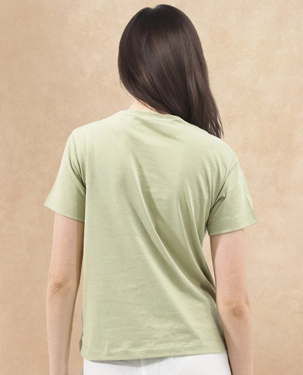 Rareism Women Erin Light Green Cotton Poly Fabric Short Sleeve Crew Neck Solid T-Shirt