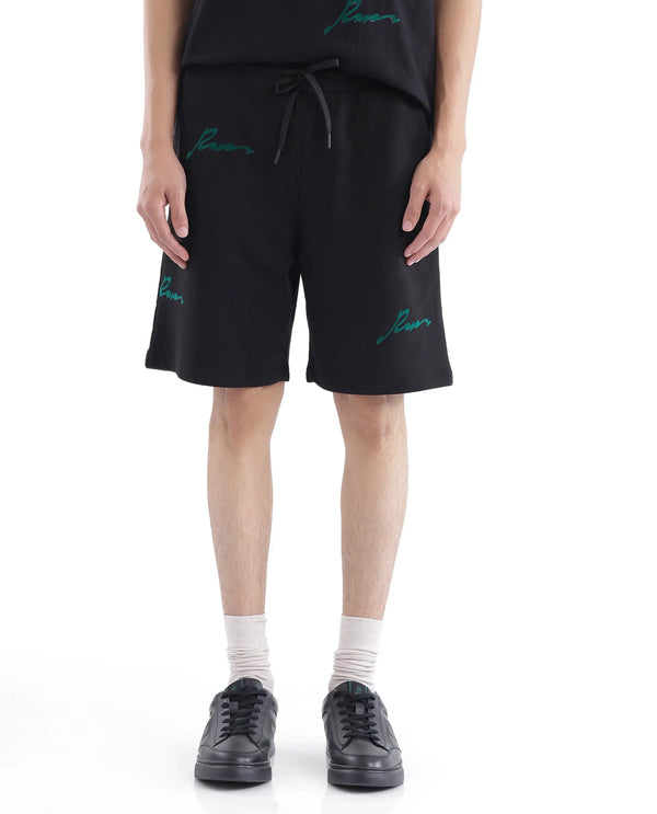 Rare Rabbit Men Erken-B Black Cotton Polyester Fabric Short Sleeve Boxy Fit Typography Print Shorts