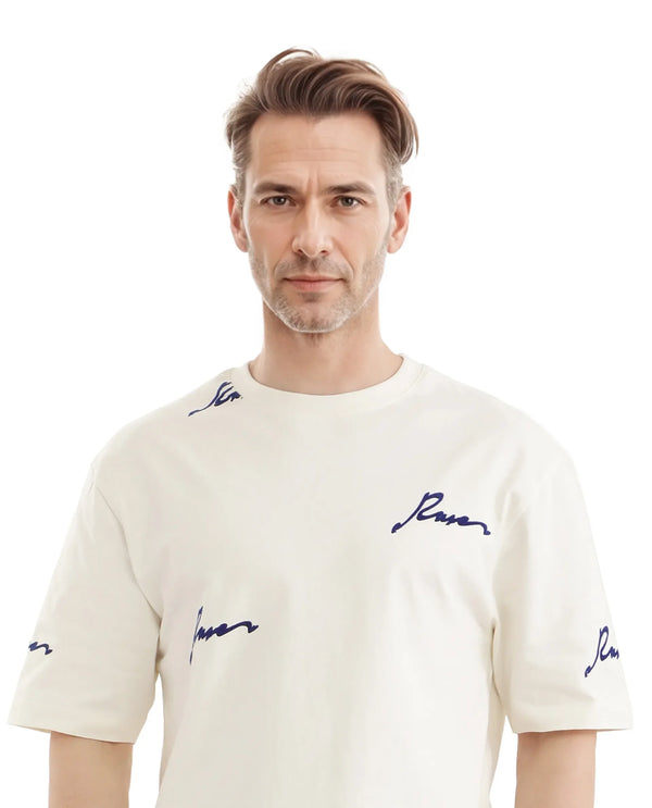 Rare Rabbit Men Erken Off White Cotton Fabric Short Sleeve Crew Neck Oversized Fit Graphic Typography Print T-Shirt