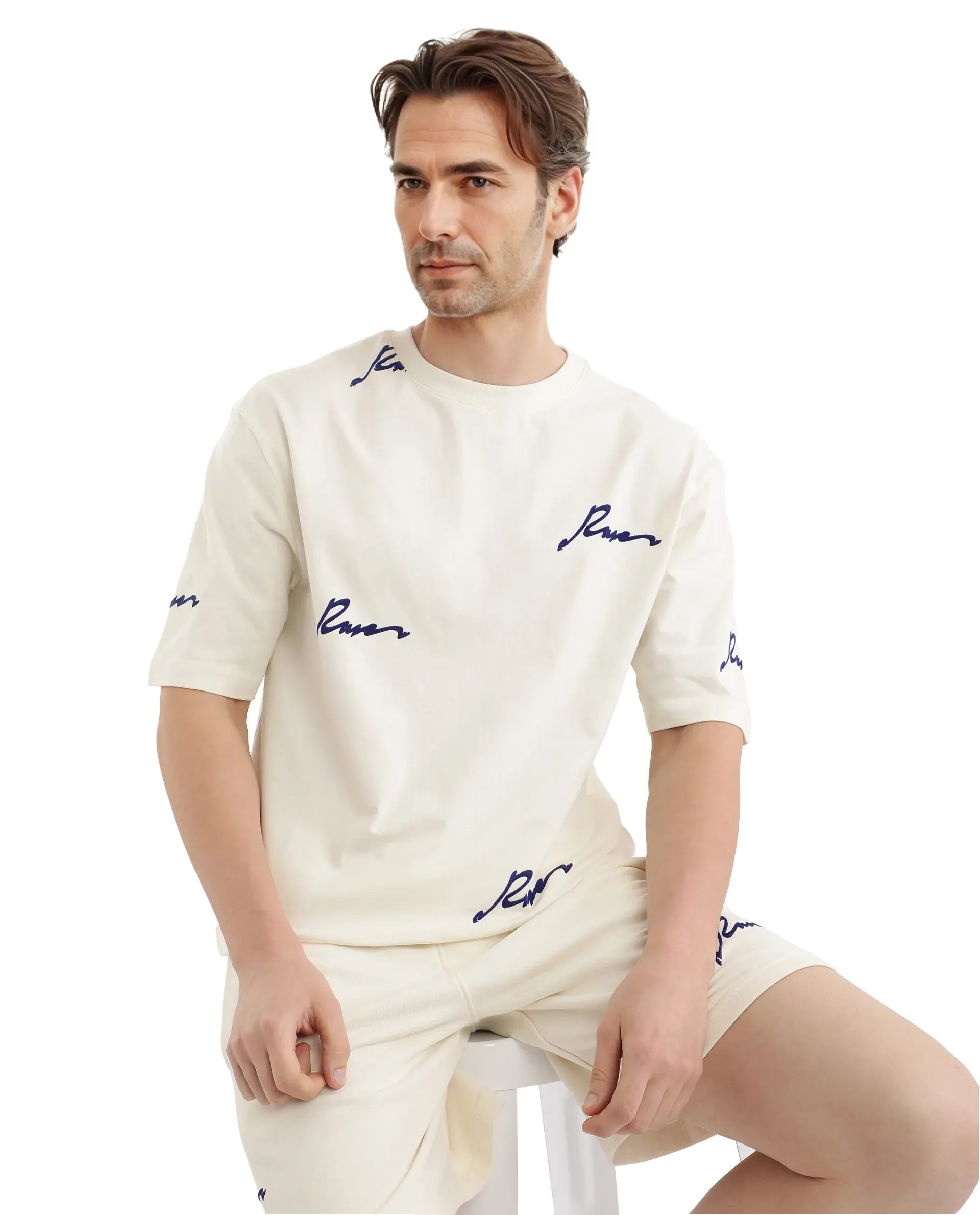 Rare Rabbit Men Erken Off White Cotton Fabric Short Sleeve Crew Neck Oversized Fit Graphic Typography Print T-Shirt
