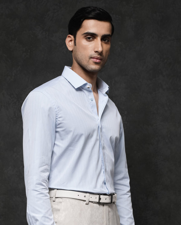 Rare Rabbit Mens Erlane Pastel Blue Cotton Dobby Full Sleeve Regular Fit Stripe Textured Shirt