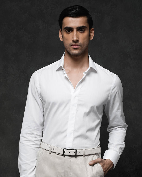 Rare Rabbit Mens Erlane White Cotton Dobby Full Sleeve Regular Fit Stripe Textured Formal Shirt