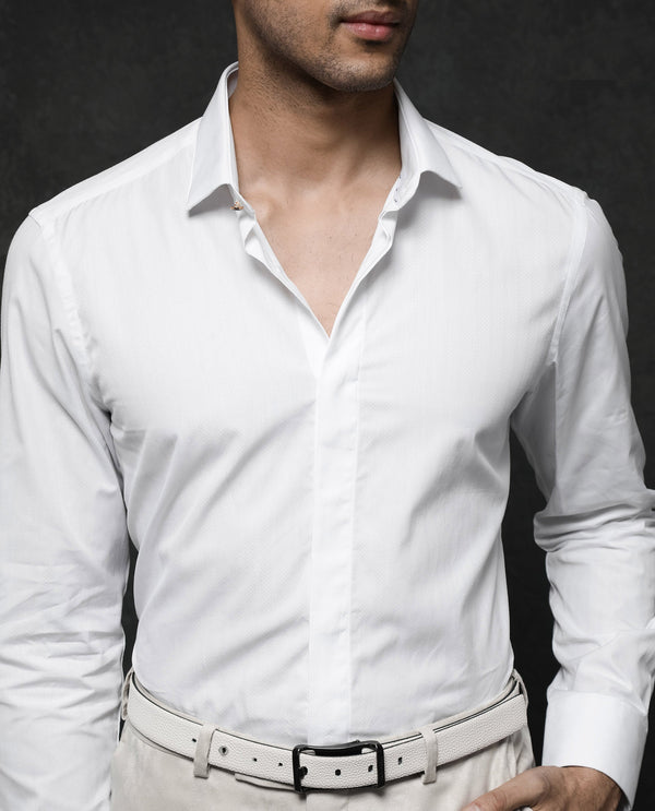 Rare Rabbit Mens Erlane White Cotton Dobby Full Sleeve Regular Fit Stripe Textured Formal Shirt