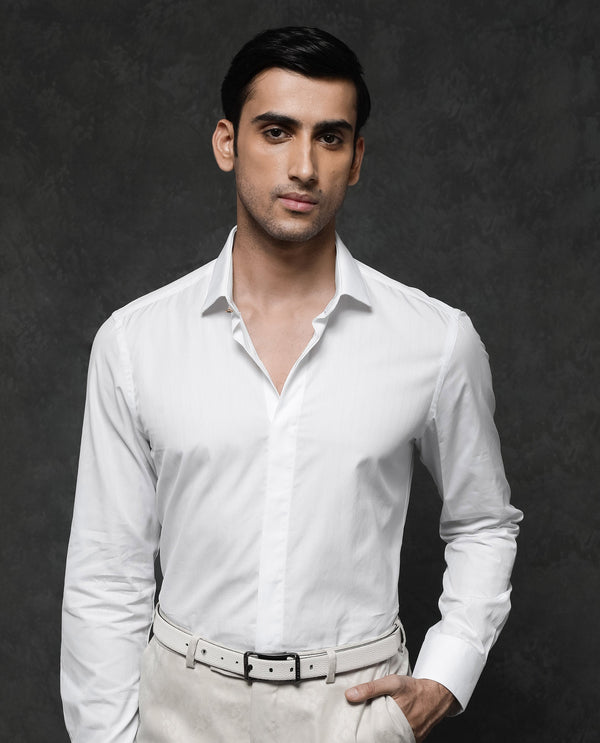 Rare Rabbit Mens Erlane White Cotton Dobby Full Sleeve Regular Fit Stripe Textured Formal Shirt