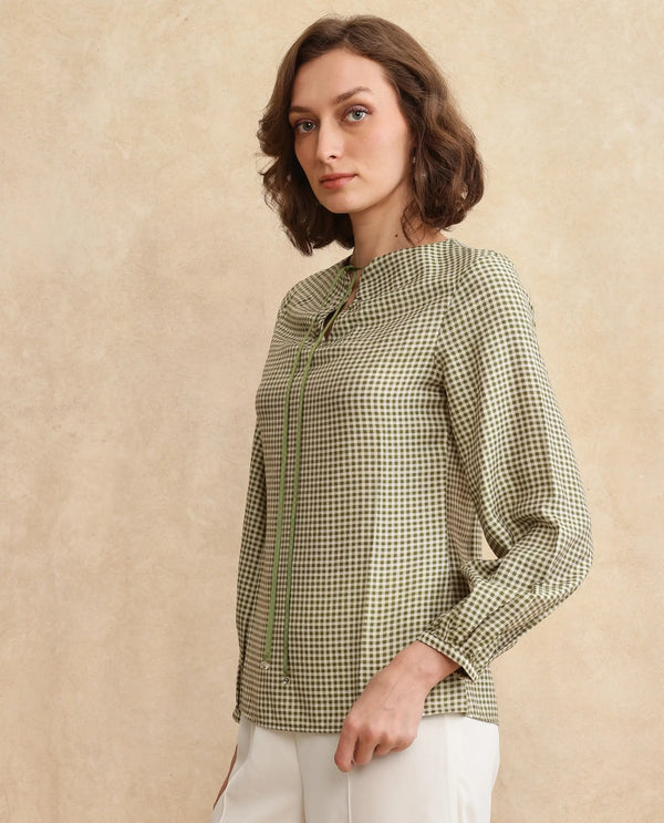 Rareism Women Erlinee Olive Bishop Sleeve Tie-Up Neck Zipper Closure Fitted Flannel Print Top
