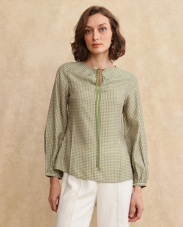 Rareism Women Erlinee Olive Bishop Sleeve Tie-Up Neck Zipper Closure Fitted Flannel Print Top