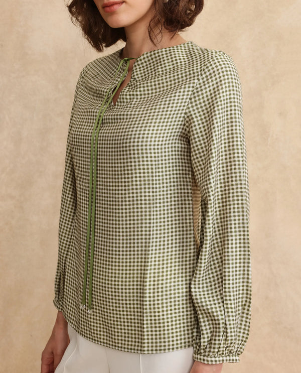 Rareism Women Erlinee Olive Bishop Sleeve Tie-Up Neck Zipper Closure Fitted Flannel Print Top
