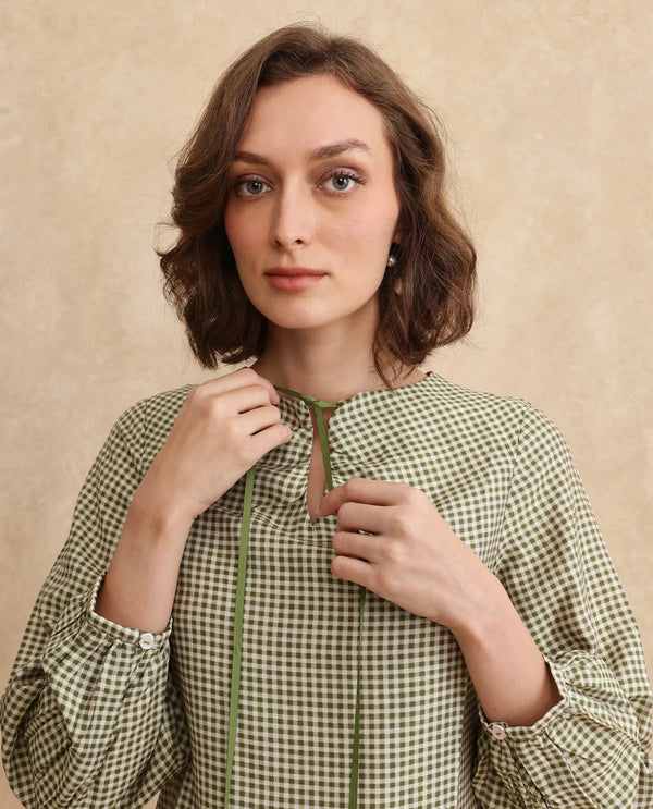 Rareism Women Erlinee Olive Bishop Sleeve Tie-Up Neck Zipper Closure Fitted Flannel Print Top
