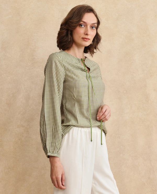 Rareism Women Erlinee Olive Bishop Sleeve Tie-Up Neck Zipper Closure Fitted Flannel Print Top