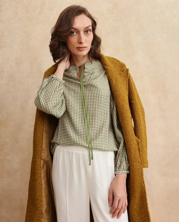 Rareism Women Erlinee Olive Bishop Sleeve Tie-Up Neck Zipper Closure Fitted Flannel Print Top
