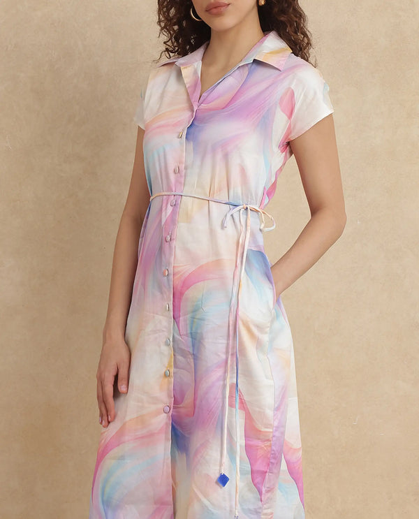 Rareism Women Erlong Multi Cotton Satin Fabric Short Sleeve Collared Neck Button Closure A-Line Midi Abstract Print Dress
