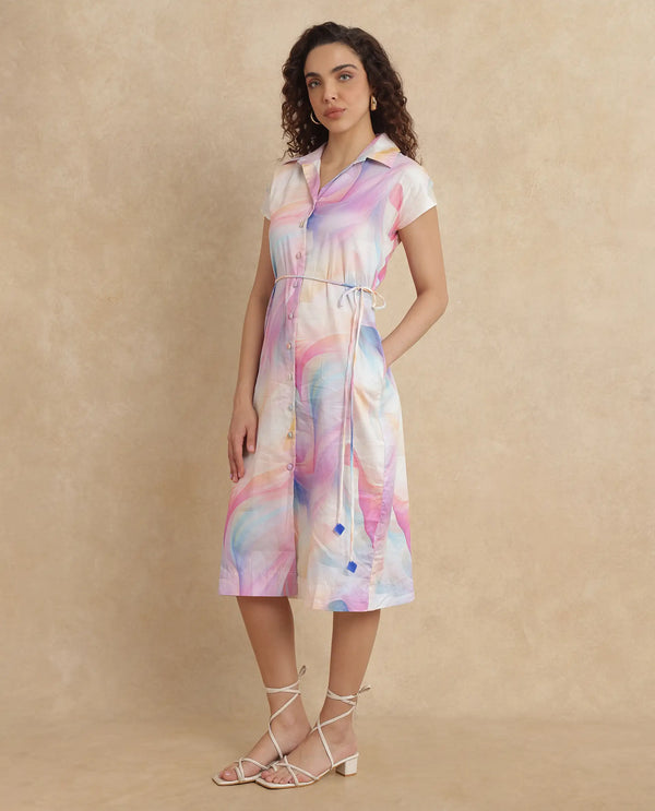 Rareism Women Erlong Multi Cotton Satin Fabric Short Sleeve Collared Neck Button Closure A-Line Midi Abstract Print Dress