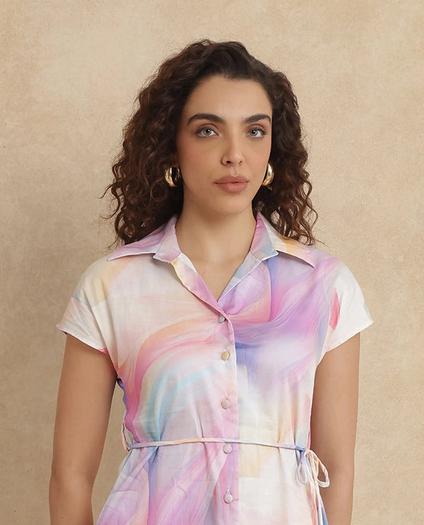 Rareism Women Erlong Multi Cotton Satin Fabric Short Sleeve Collared Neck Button Closure A-Line Midi Abstract Print Dress