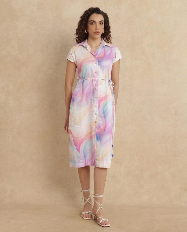 Rareism Women Erlong Multi Cotton Satin Fabric Short Sleeve Collared Neck Button Closure A-Line Midi Abstract Print Dress