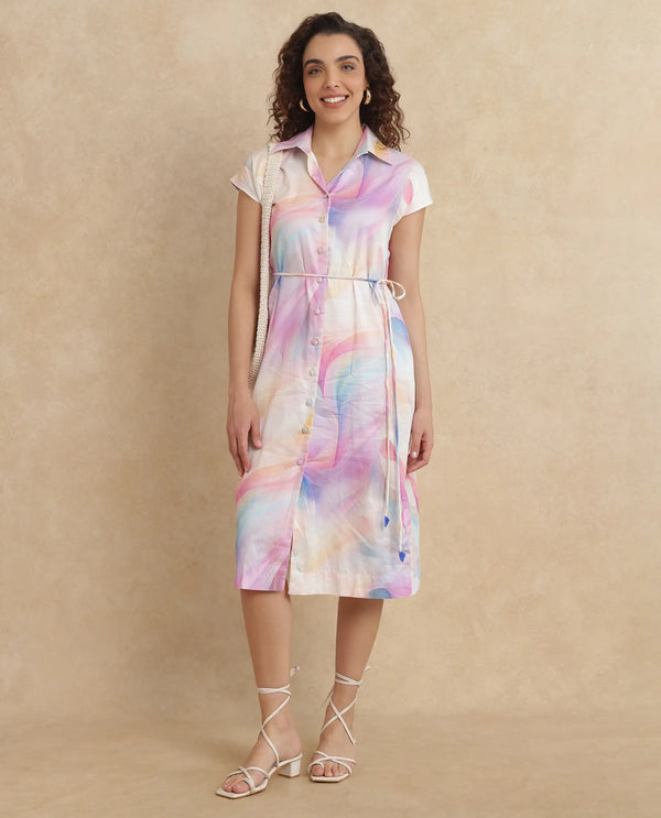 Rareism Women Erlong Multi Cotton Satin Fabric Short Sleeve Collared Neck Button Closure A-Line Midi Abstract Print Dress