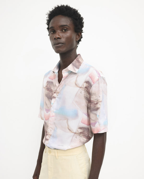 Rare Rabbit Men's Errai Beige Viscose Fabric Short Sleeve Regular Collar Boxy Fit Abstract Print Shirt