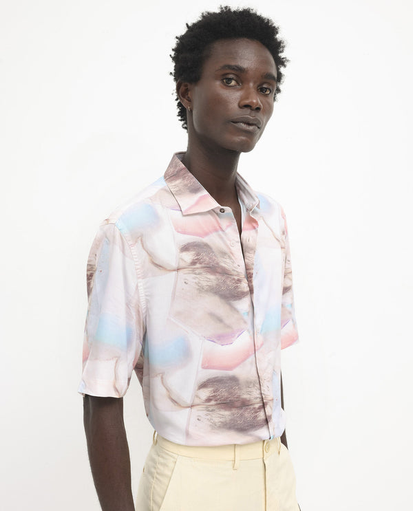 Rare Rabbit Men's Errai Beige Viscose Fabric Short Sleeve Regular Collar Boxy Fit Abstract Print Shirt