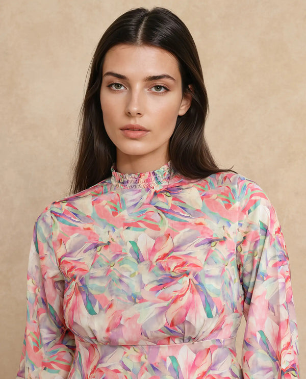 Rareism Women Erry Light Multi Satin Bell Sleeves Ruffled Neck Zip Closure Flared Knee Length Abstract Print Dress