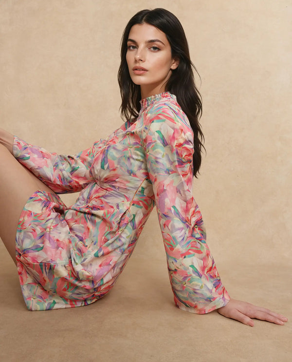 Rareism Women Erry Light Multi Satin Bell Sleeves Ruffled Neck Zip Closure Flared Knee Length Abstract Print Dress