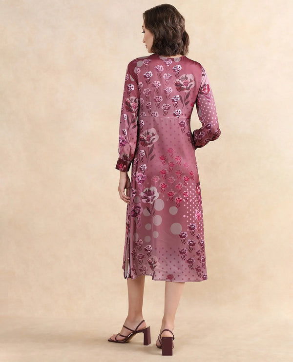 Rareism Women Erzincan Multi Satin Cuffed Sleeve Round Neck Button Closure A-Line Maxi Floral Print Dress