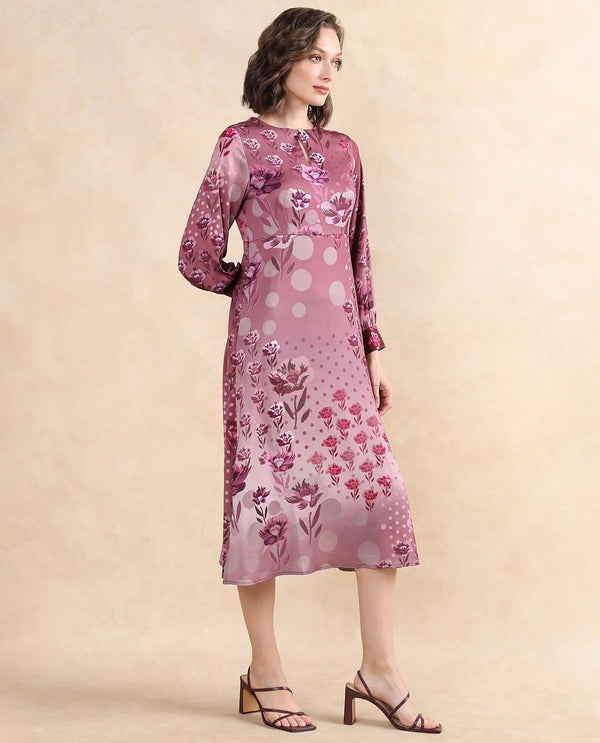 Rareism Women Erzincan Multi Satin Cuffed Sleeve Round Neck Button Closure A-Line Maxi Floral Print Dress