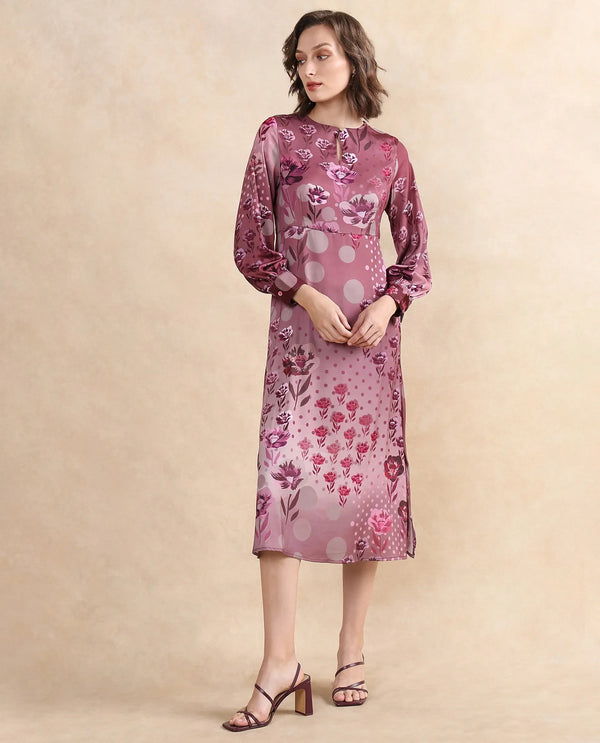 Rareism Women Erzincan Multi Satin Cuffed Sleeve Round Neck Button Closure A-Line Maxi Floral Print Dress