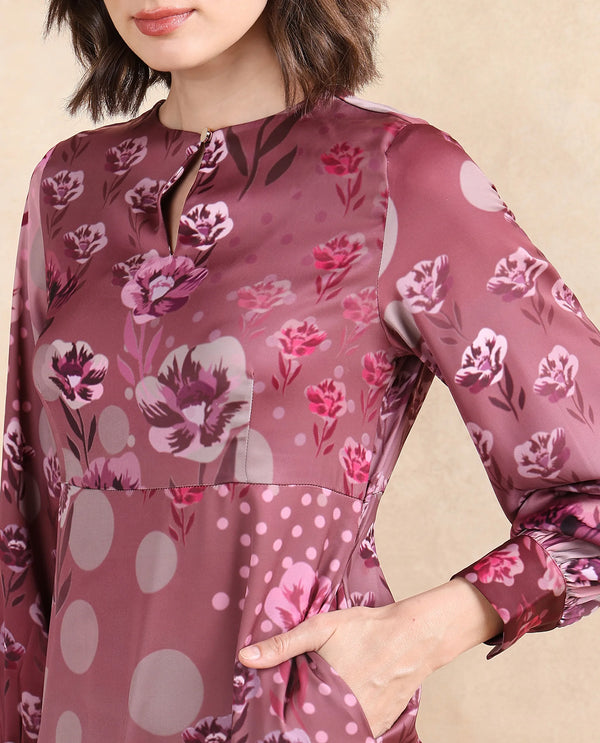 Rareism Women Erzincan Multi Satin Cuffed Sleeve Round Neck Button Closure A-Line Maxi Floral Print Dress