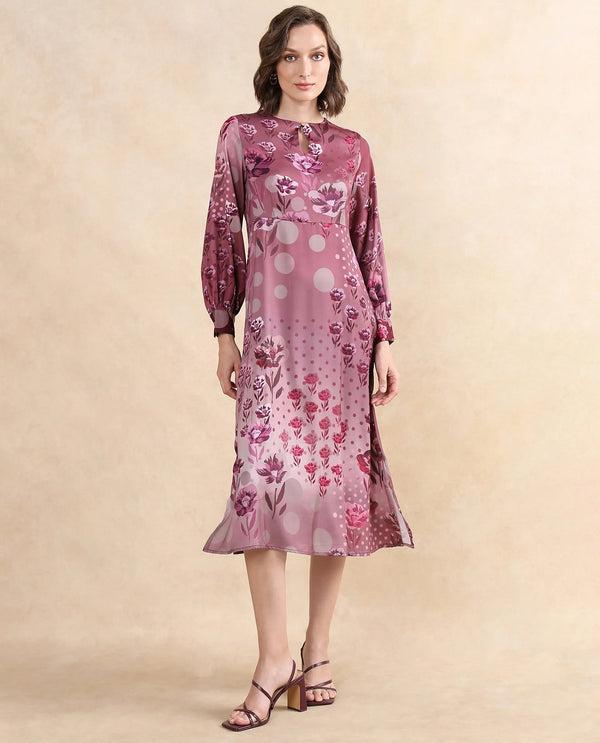 Rareism Women Erzincan Multi Satin Cuffed Sleeve Round Neck Button Closure A-Line Maxi Floral Print Dress