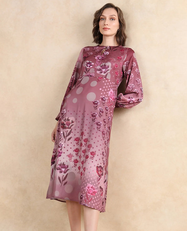 Rareism Women Erzincan Multi Satin Cuffed Sleeve Round Neck Button Closure A-Line Maxi Floral Print Dress