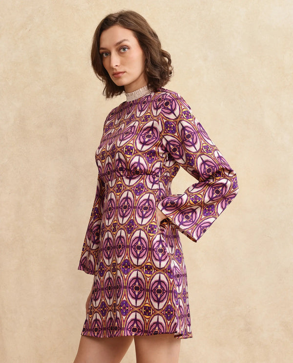 Rareism Women Erzurum Multi Satin Bell Sleeves Ruffled Neck Zip Closure Flared Knee Length Abstract Print Dress