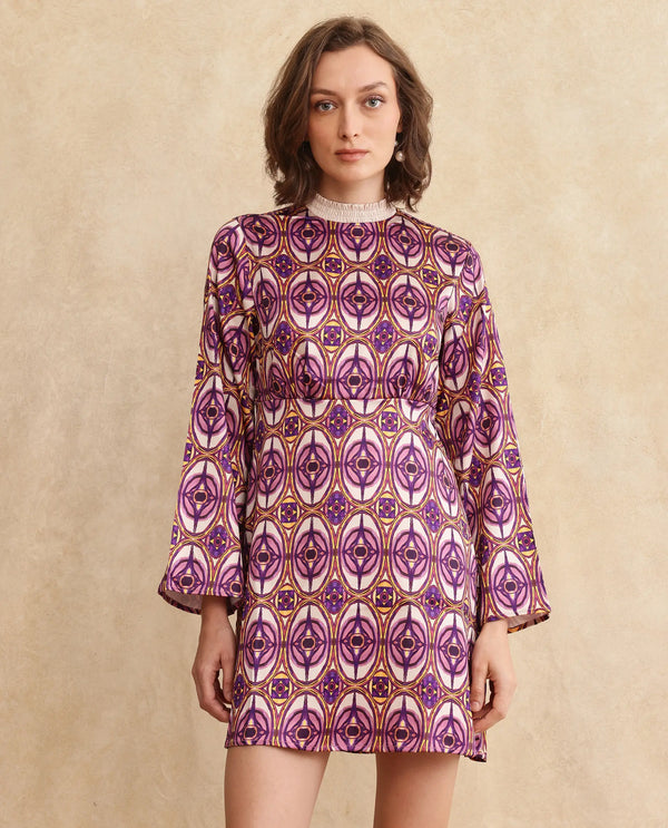 Rareism Women Erzurum Multi Satin Bell Sleeves Ruffled Neck Zip Closure Flared Knee Length Abstract Print Dress
