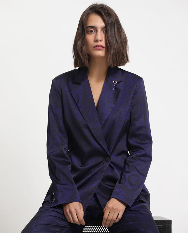 Rareism Women Esena Dark Navy Polyester Fabric Full Sleeves Button Closure Lapel Neck Tailored Fit Abstract Print Blazer